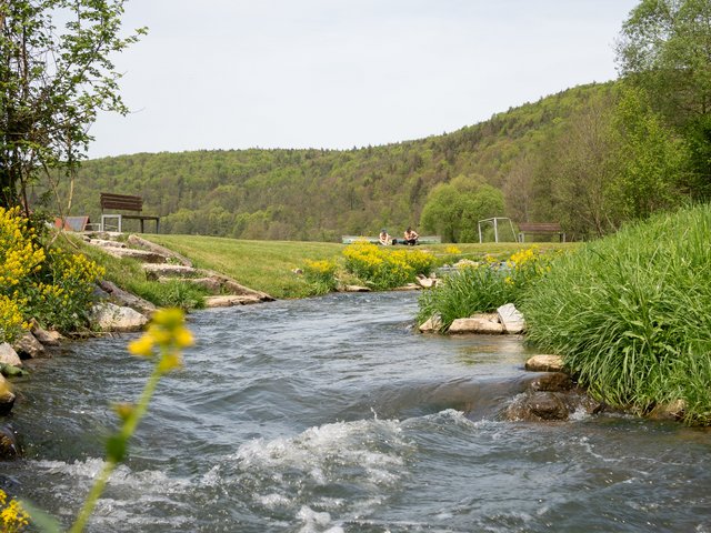 Fluss mit Treppenzugang im Hintergrund Felder und Wald