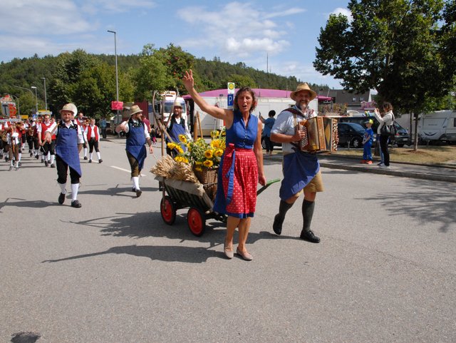 Menschen mit Musikinstrumenten und Bollerwagen beim Umzug 